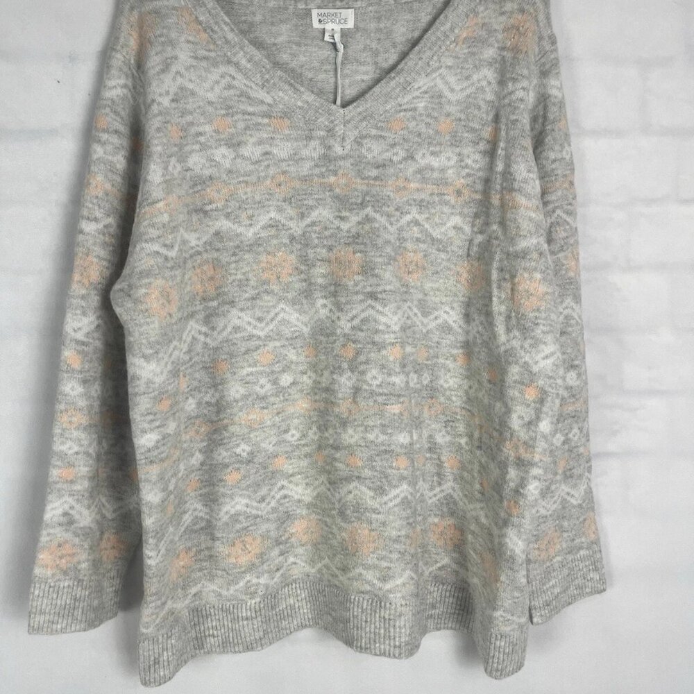 Market &Spruce Womens 2XL Gray Cable Knit Pink Snowflake Winter Sweater NWT